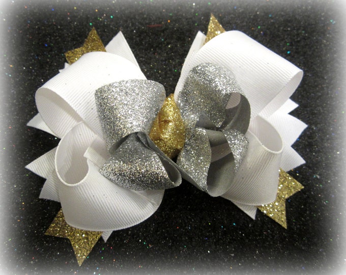 Glitter Hair Bow, Gold Hairbow, Silver hair bows, Gold and Silver Bows, Boutique Hair Bow, Shimmer Hairbow, Girls Glitter Bow, Big Gold Bow