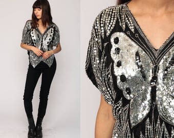 Silver Crystal-Embellished Halter Butterfly Blouse