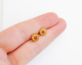 Sunflower earrings - handmade tiny enamel stud / post earrings kawaii hipster trendy grunge miniature