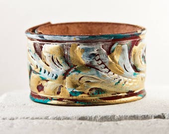 Tooled Leather Cuff, Leather Belt Jewelry, Leather Bracelet, Leather Wristband