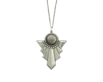 Sautoir "Comète" plaqué argent vieillit et nacre abalone soirée journée ethnic chic fleche pointe etoile filante art deco cadeau femme retro