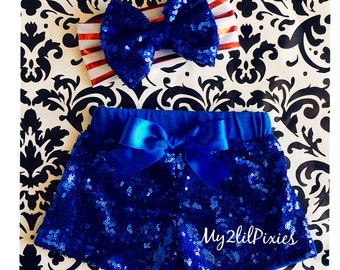 BABY GIRL HEADBAND and Royal Blue sequin shorts , Sparkle Sequin Shorts-birthday outfit- girls sequin shorts- toddler shorts- Baby Shorts