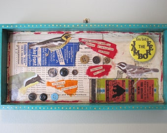 Sassy bird art, mixed media assemblage, collage, 3D art