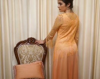 Vintage 60s 70s Light Sunburnt Orange Two Piece Lace Tassel Fringe Overlay Top and Dress Evening Gown