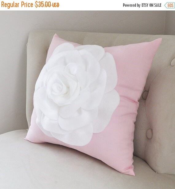 SALE Throw Pillow White Rose on Light Pink Pillow by bedbuggs