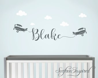 Wall Decals Personalized Names Nursery Wall Decal Kids Airplanes Wall Decal Name Decal For Boys Baby Nursery Blake With Airplanes and Clouds