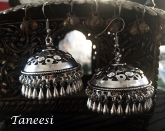 Silver tribal Earrings,Kucchi Bell Jhumkas,Ethnic Silver Jewellery,Earrings Chandelier,Temple Indian Jewellery by Taneesi Jewelry YJ238S