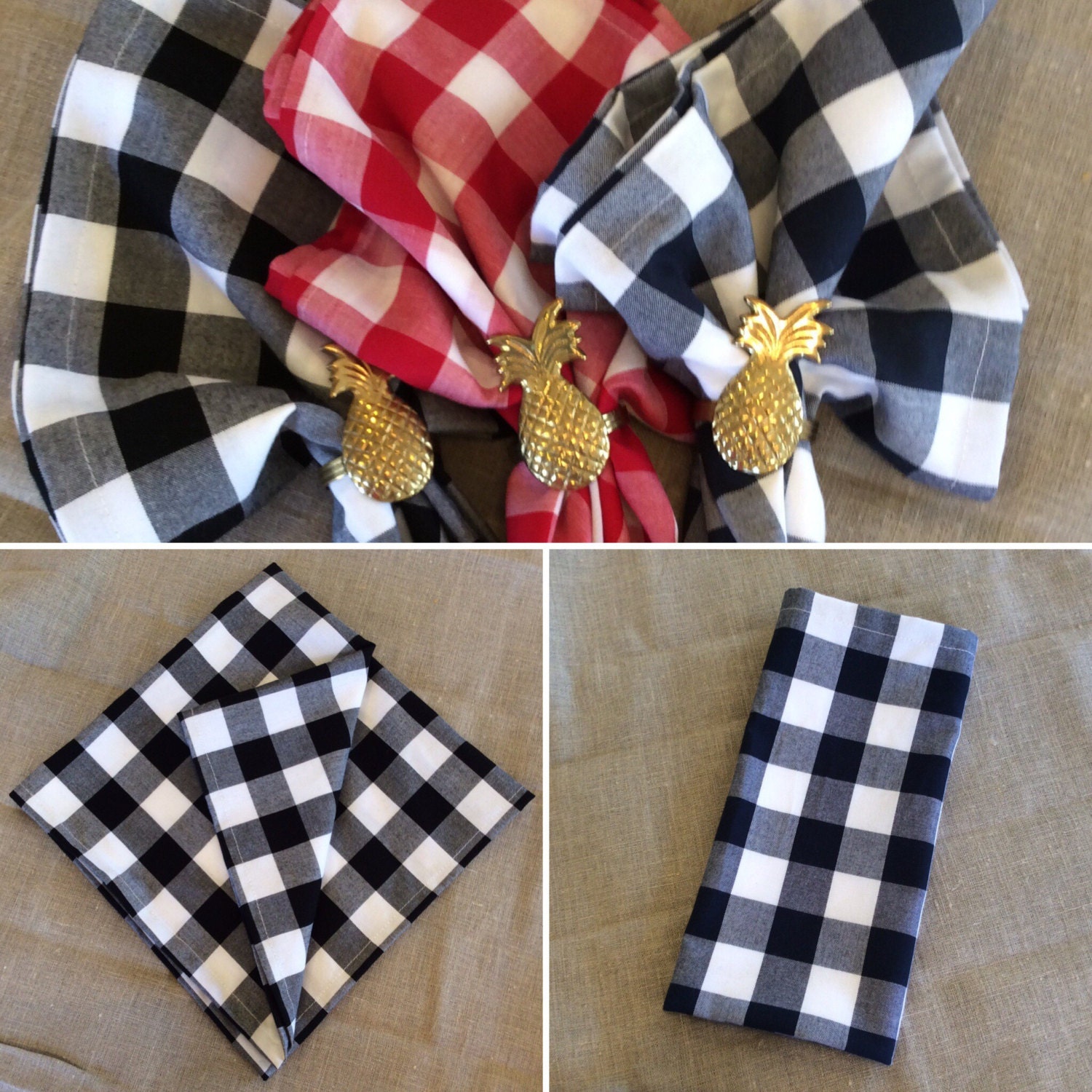 Buffalo Check Napkins in Red Navy Sunshine by LaFortuneLinens