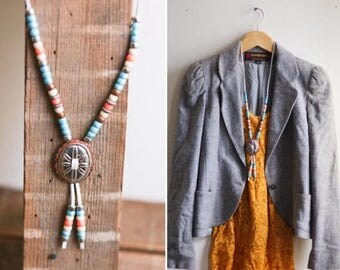Women's Bolo Tie Necklace - Beaded Southwestern Western Lariat Vintage 80's 1980's Colorful Copper Silver tone Pink Blue