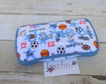 Sports Travel Baby Wipe Case, Diaper Wipecase, Baby Shower Gift, Wipe Holder, Personalized Case, Football, Basketball, Soccer, Baseball