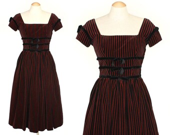 vintage 1950s LANZ dress • nipped waist striped velveteen full skirt dress