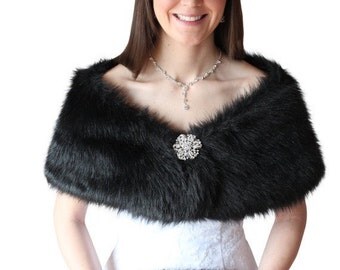 Bridal shrug, Black Faux Fur Wrap, Fur Stole, Bridal Fur Shrug, Wedding Fur Shawl, faux fur cape