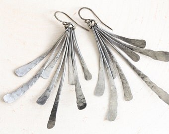 Luminous Fringe Boho Earrings. Hand Forged Iron Boho Fringe Earrings. 6th Anniversary gift. Boho Chic Fan Earrings, Iron Anniversary Gift.