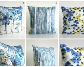 Designer Pillow Cover, Cushion Cover, Pillow Sham, Throw Pillow Cover, Accent Pillow, Pillowcase, Florals and Stripes - Blue Collection
