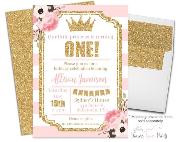 Pink and Gold Princess Birthday Invitation - Princess Party Invitation - Princess Invitation - Princess Invite - Girls 1st Birthday Il_570xn