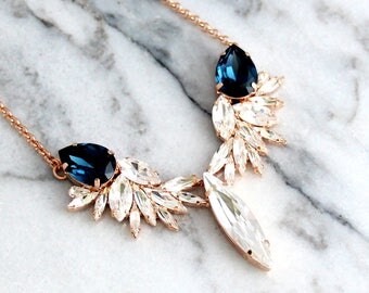 Blue Navy Necklace, Bridal Necklace, Bridal Statement Necklace, Dark Navy Necklace, Swarovski Crystal Bridal Blue Necklace, Blue Necklace