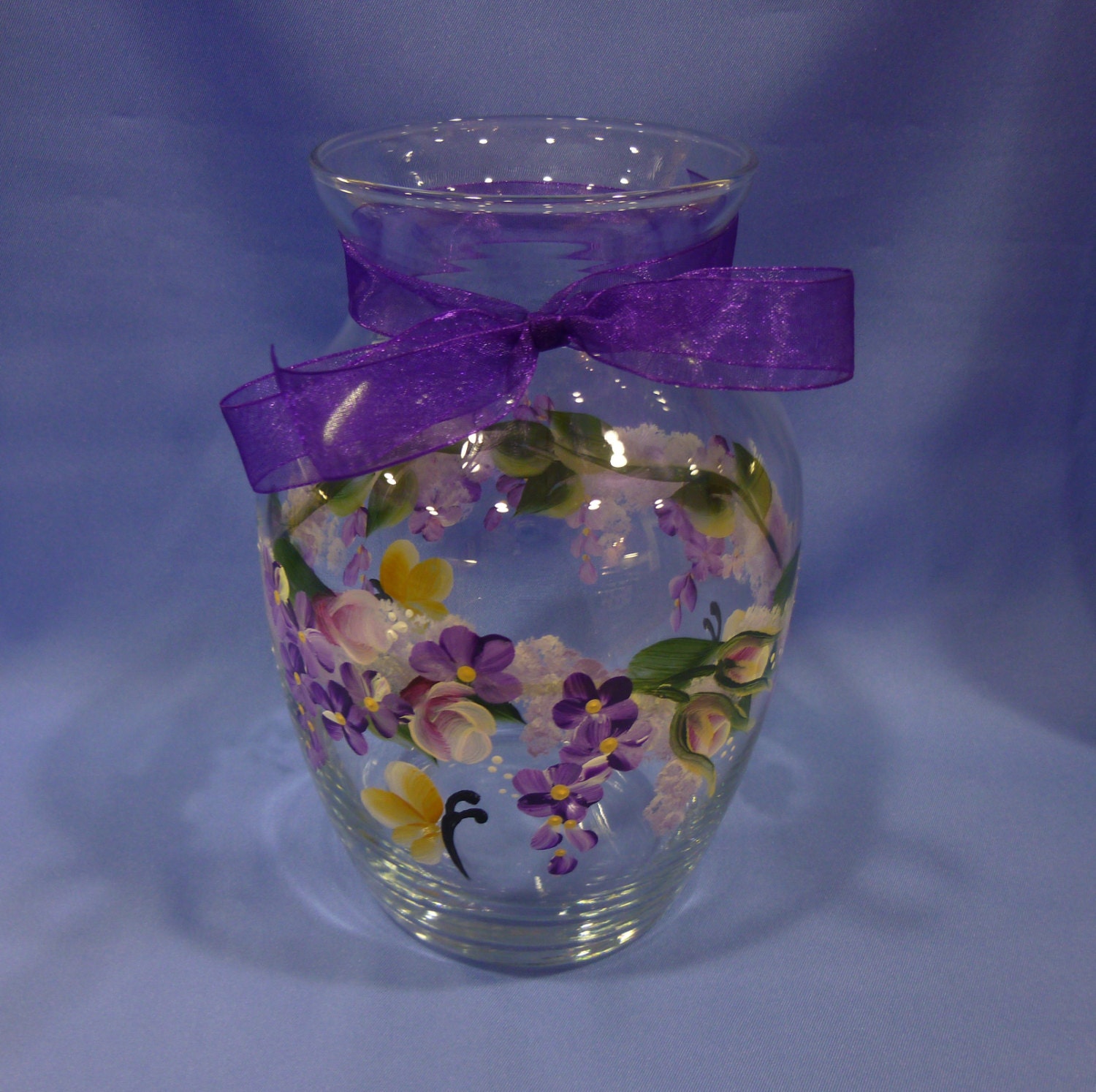 Hand Painted Glass Vase Pink Roses Purple by bunnyhutchdesigns