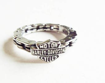 Harley Davidson Sterling Silver Ring, Logo on Bike Chain, Vintage MOD Size 6