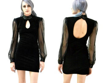 Vintage 90s Black Velvet Body Con Illusion Sequin Dress Size Small by Zum Zum