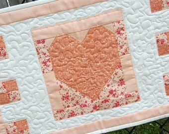 Mini Quilt, Candle Mat, Small Table Runner, or Wall Hanging, Peach Floral Patchwork, Lovely Springtime Home Decor