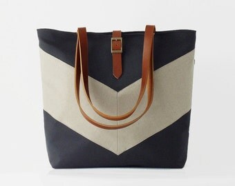 Linen chevron, Dark navy tote / diaper bag / shoulder bag, leather handles, 9 inside pockets. Waterproof poly lining available