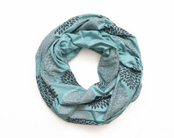 INFINITY SCARF - Screen Printed - Gray Flowers on Robin's Egg