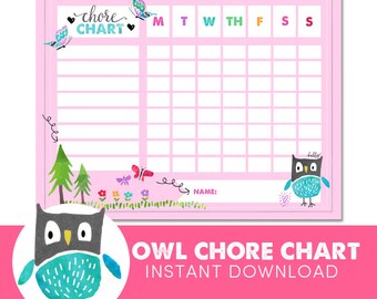 Kids Chore Chart - Owl - Reward Chart - Behavior Chart - Potty Training - Watercolor - Instant Download