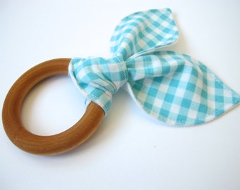 Wooden Teether - Turquoise Gingham - Wooden Teething Ring