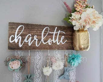 Headband Bow Holder, Custom Name Board, Baby Girl Nursery Decor, Baby Shower Gift, Bow Organizer, Headband Organizer, Brown Stain Distressed