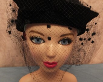 Vintage Black Pillbox Hat With Veil & Black Velvet Bow.