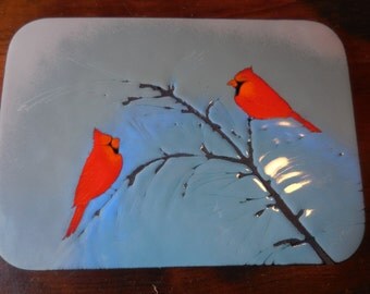 Vintage 1960s to 1970s Metal Wall Hanging Made in Canada by Fabrique Light Blue with Red Cardinal Birds on Branch Retro Decor Woodland