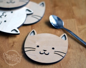 Wood cat coasters - Laser cut cat wood coasters, wooden cat coasters, cat housewarming gift, cat lover, cat decor, wood cat decor, cute cats