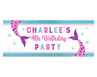 Mermaid Backdrop Banner - Printable or Printed -You Personalize - Pink and Purple Sparkle Mermaid Collection