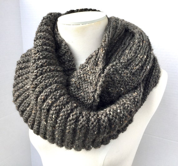 Wool tweed infinity scarf hand knitted charcoal grey