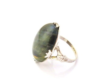 Antique Tiger Eye Ring, Vintage Art Deco Ring, Sterling Silver Ring, Tigers Eye Agate Vintage Statement Ring, Size 6 1/2