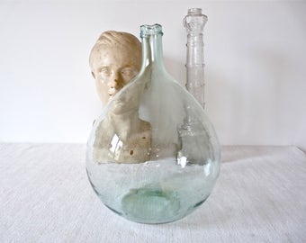 19th Century 1 French Antique Demijohn, French Hand-blown Glass french wine water green bottle - wine, french vintage demijohn