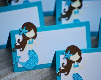 Mermaid Place Cards, Mermaid Food Cards, Brown Haired Mermaid Birthday Party Cards, Mermaid Baby Shower, Mermaid 1st Birthday