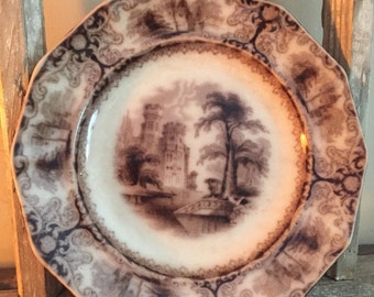 Antique white ironstone brown transferware 1800s old farmhouse decor staffordshire foliage plate