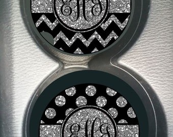 Monogram Custom Black and Silver Glitter Chevrons and Dots (Not Real Glitter) Car Cup Holder Coaster Gift for Women Personalized Sandstone