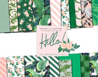 Digital Paper Summer Palm Banana Leaf Floral Tropical Patterns Preppy Retro Girly Theme perfect for 12 inch 300 dpi perfect to Print Planner