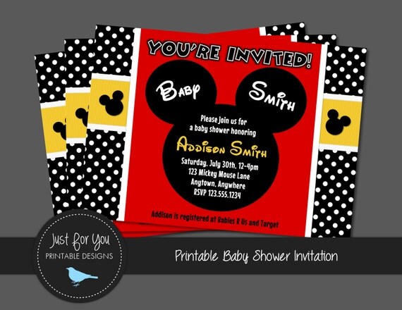 Mickey Mouse Inspired Baby Shower Invitation Boy Girl