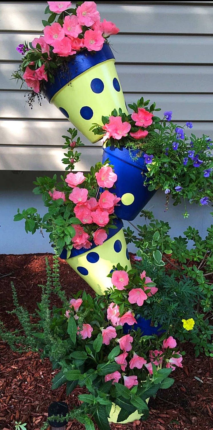 Flower Tower Planter Clay Pot Tower Polka dot Planters