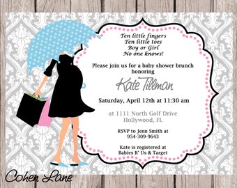 Printable Modern Mom Baby Shower Invitation. Gender Neutral Baby Shower Invite. Umbrella Mom Shower Invitation. Pink and Blue Invite.