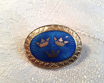 Vintage Swedish 1939 Enamel Brooch, Pin. Blue and Gold, Three Crowns. WWII?