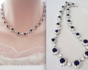 Bridal Jewelry ~ Blue Sapphire Necklace ~ Cubic Zirconia's ~ Halo ~ Adjustable length ~ High End ~ Brides necklace ~ Something blue ~ KATE