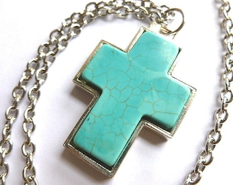 Vintage Silvertone & Turquoise Cross, Turquoise Silver Cross Pendant, Southwestern Cross Necklace, Turquoise Silver Cross and Neck Chain