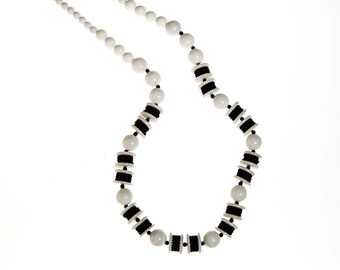 Long Black and White Bead Necklace, Chunky, Graduated