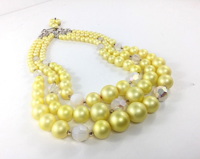 Vintage Soft Yellow Necklace, Opal and aurora borealis beads. Multistrand Beaded Necklace. Yellow three strand necklace Yellow Plastic