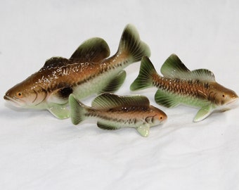 Bass Figurines - Porcelain Fish Set - Vintage 1940's