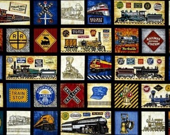 Quilting Treasures - Full Steam Ahead by Dan Morris - Train Motifs Picture Panel - Black